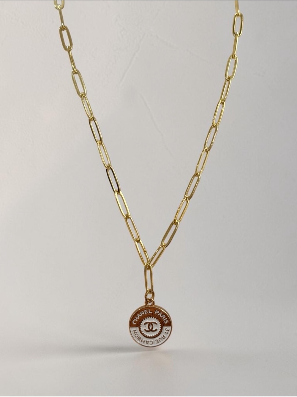 Gold-Tone 16-20 inch Paperclip Chain Necklace with Round Logo Disc - NEW last 1